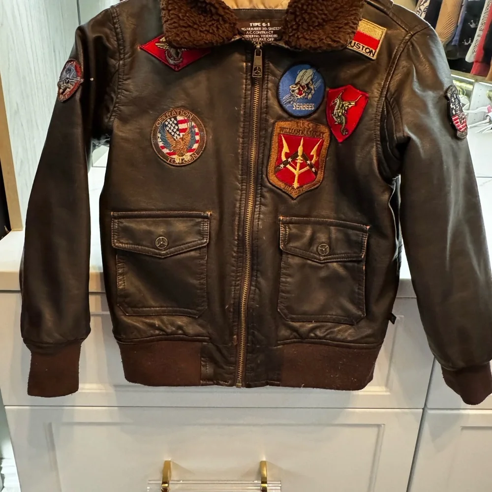 Brown Leather Aviator Bomber Jacket with Patches Top Gun size 8 - Picture 1 of 9